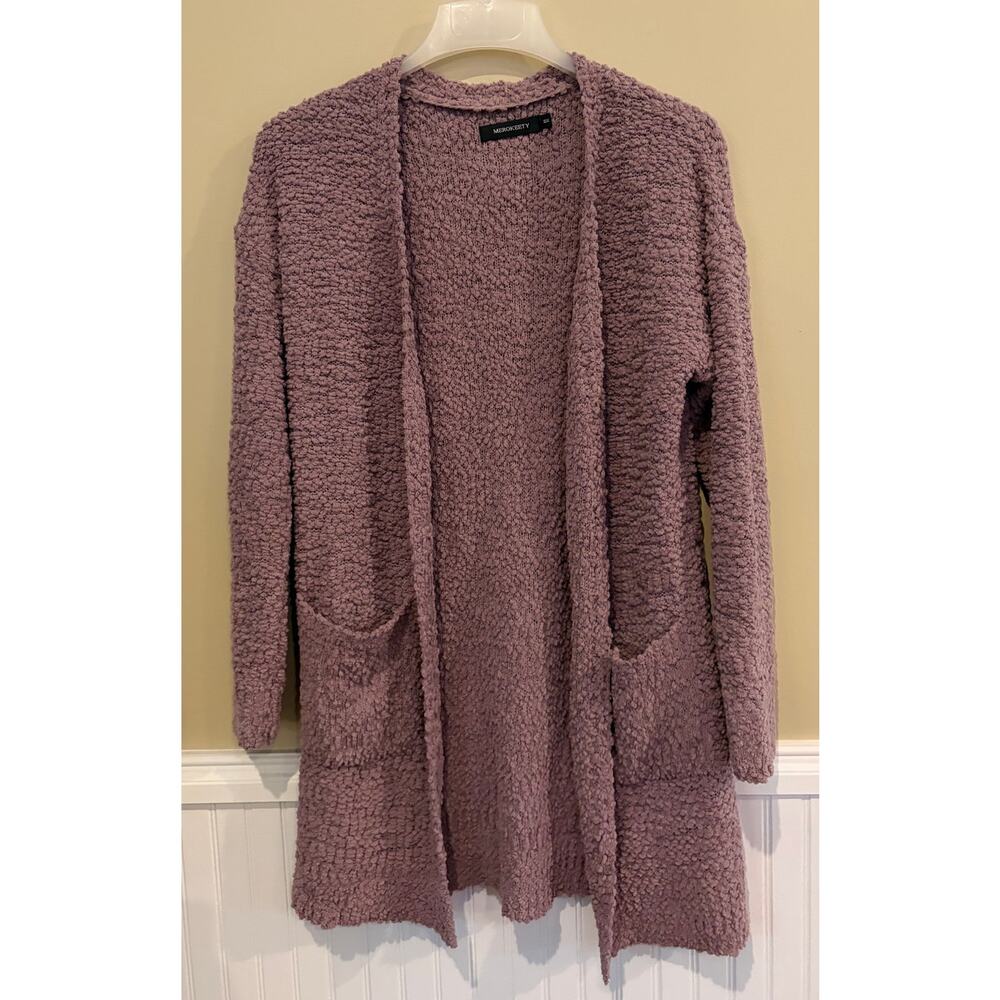 Popcorn Cardigan Sweater Size Medium Open Soft Mauve Knit Boho Chic Merokeety